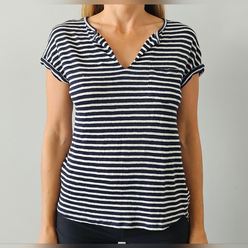 Joe Fresh Women's Striped Blue White T-Shirt V Neck 100% Linen Sz S/P